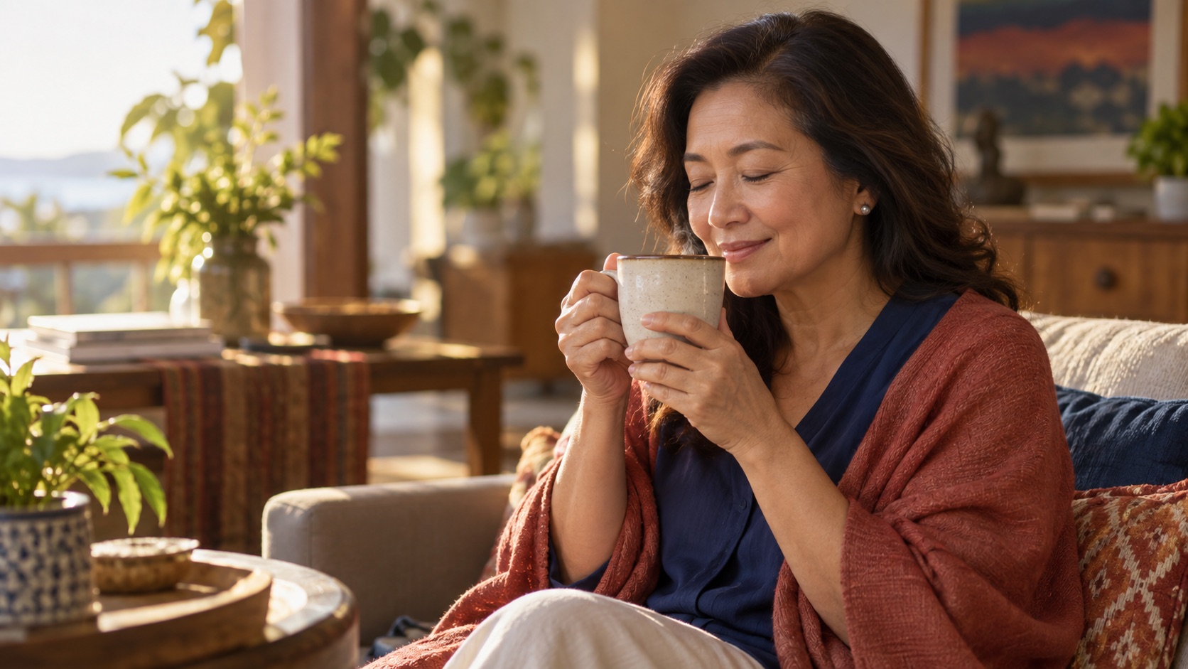 A smiling woman relaxing at home with a cup of coffee